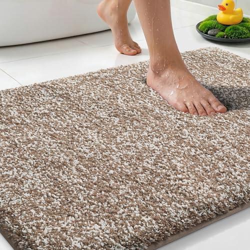 Yimobra Cushioned Anti-Fatigue Bathroom Rug, Bath Mat Non Slip Washable, Dense Soft Microfiber for Bathroom Sink, Shower, Tired Feet Comfort, Absorbent, 32" X 20", Brown and White - color: Brown and White, size: 32" X 20"