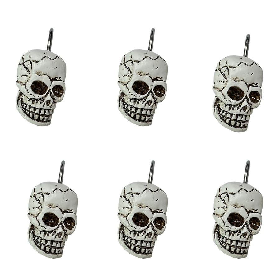 Decorative Shower Curtain Hooks, 12pcs Skull Resin Art Deco Rust Resistant Hooks Glide Shower Ring Hangs Holder Bling for Bathroom Baby Living Room Nursery Halloween Decoration