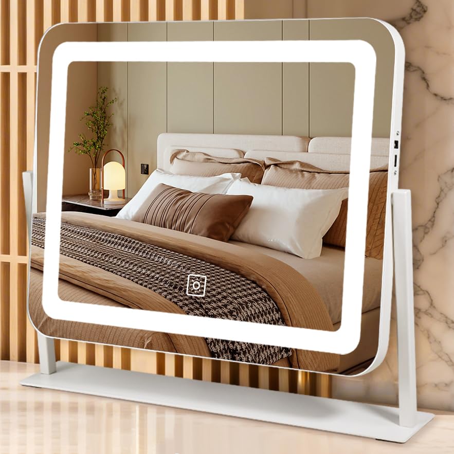 YEKKOPT 16"x20" Desk Makeup Vanity Mirror with Lights - Smart Touch Control, Dimmable Light (3 Modes), for Makeup Desk, Bedroom, Dressing Room - size: 16"L x 20"W