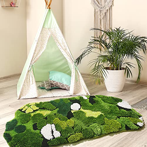 Hifuwan Cute Green Moss Bathroom Runner Rugs, Plant Leaf Bath Mats 20 x 43 | Boho Aesthetic, Long Rectangular Shaggy Non Slip, Machine Washable, Absorbent Bathmats for Bedroom, Shower Floor, Home Decor - size: 1'8" x 3'7" (Rectangular)