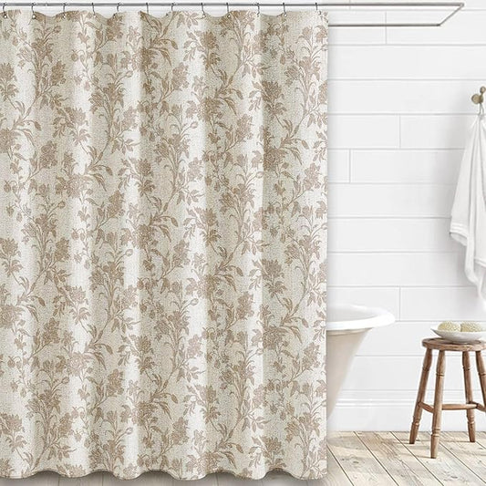 WOUVMA Extra Long Beige Shower Curtain Floral Cotton Linen Cottagecore Shower Curtain for Bathroom 96" L x 72" W - color: Linen Beige, size: Extra Long 96"L x 72"W