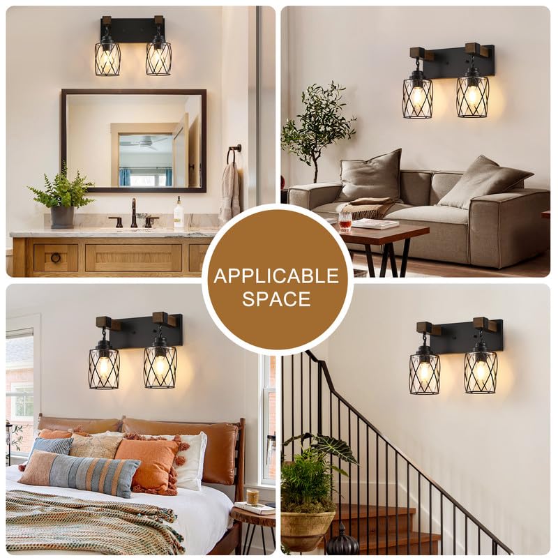 Bathroom Light Fixtures,Farmhouse Black Metal with Glass Shade | 2 Light Rustic Vanity Lights, Wood Accent Wire Cage Design, Mounts Over Mirror, Ideal for Bedroom & Hallway,Easy to Install - size: 2-Light