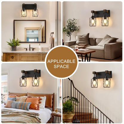 Bathroom Light Fixtures,Farmhouse Black Metal with Glass Shade | 2 Light Rustic Vanity Lights, Wood Accent Wire Cage Design, Mounts Over Mirror, Ideal for Bedroom & Hallway,Easy to Install - size: 2-Light