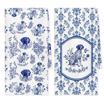 German Shorthaired Pointer Kitchen Towel Set of 2, Blue and White Chinoiserie Dog Floral, Dish & Hand Towels for Dog Lovers, Unique Hunting Dog Gift, 16x24 Inches - color: Pointer
