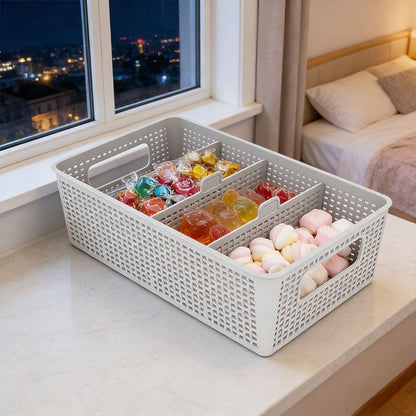 3 Compartment Stackable Bin with Adjustable Dividers, Stackable Storage Bin & Compartment Tray for Kitchen, Bathroom Vanity, Office Desk Supplies, and Bedroom Accessories (White)
