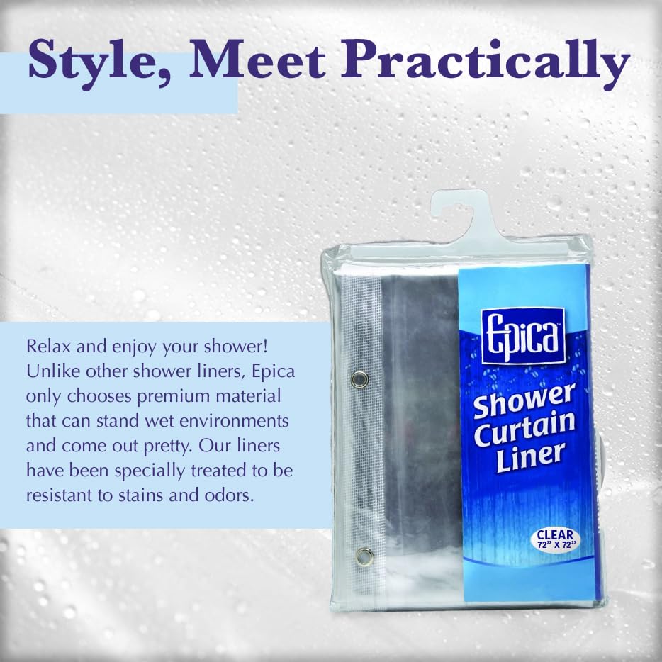 Epica Waterproof Shower Curtain Liner for Bathroom, Metal Grommets (Clear) | Rust-Resistant, Fights Odor and Stains, Nylon Mesh Header - color: Clear