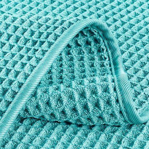 POLYTE 430 GSM Microfiber Lint Free Washcloth Face Towel, 13 x 13 in, 4 Pack (Waffle Weave) - color: Aqua