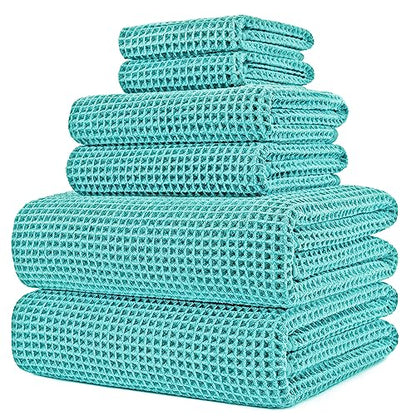 POLYTE 430 GSM Poly Blend Microfiber Quick Dry Waffle Bath Towel Set of 6 | 2-Body Towels, 2-Hand Towels, 2-Wash cloths, Oversize, Lint Free - color: Aqua