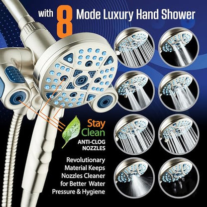 AquaCare Polaris 208-mode High Pressure Shower Head Combo with Hydro Arms | Luxury 3-way 14-zone System with 370 Stay-clean Power Jets, Handheld Magnetic Docking & 6 ft. Stainless Steel Hose / Nickel - color: Nickel