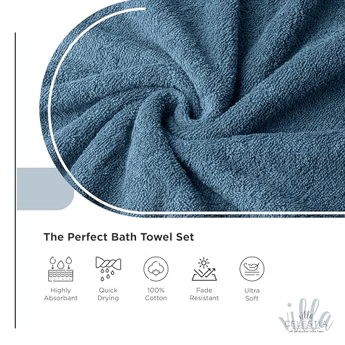 Villa Celestia 12-Piece 100% Cotton Towel Set, 4 Bath Towels, 4 Hand Towels, 4 Wash Cloth, Quick-Dry, Blue - color: Blue, size: Towel Set - Pack of 12