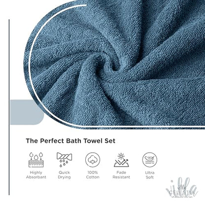 Villa Celestia 12-Piece 100% Cotton Towel Set, 4 Bath Towels, 4 Hand Towels, 4 Wash Cloth, Quick-Dry, Blue - color: Blue, size: Towel Set - Pack of 12