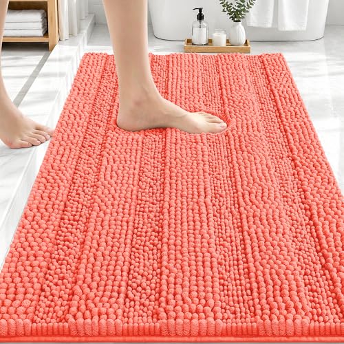 OLANLY Thick Bathroom Rugs 30x20, Soft Chenille Striped Bath Rugs, Coral | Rubber Backing, Machine Wash, Extra Absorbent Bath Mats for Bathroom Floor, Tub and Shower, Home Decor Accessories - color: Coral, size: 30" X 20"