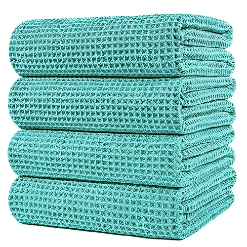 POLYTE 430 GSM Poly Blend Microfiber Quick Dry Waffle Bath Towel, 30x60 in | 4 Pack, Oversize, Lint Free, Body Towel - color: Aqua