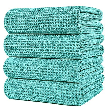POLYTE 430 GSM Poly Blend Microfiber Quick Dry Waffle Bath Towel, 30x60 in | 4 Pack, Oversize, Lint Free, Body Towel - color: Aqua