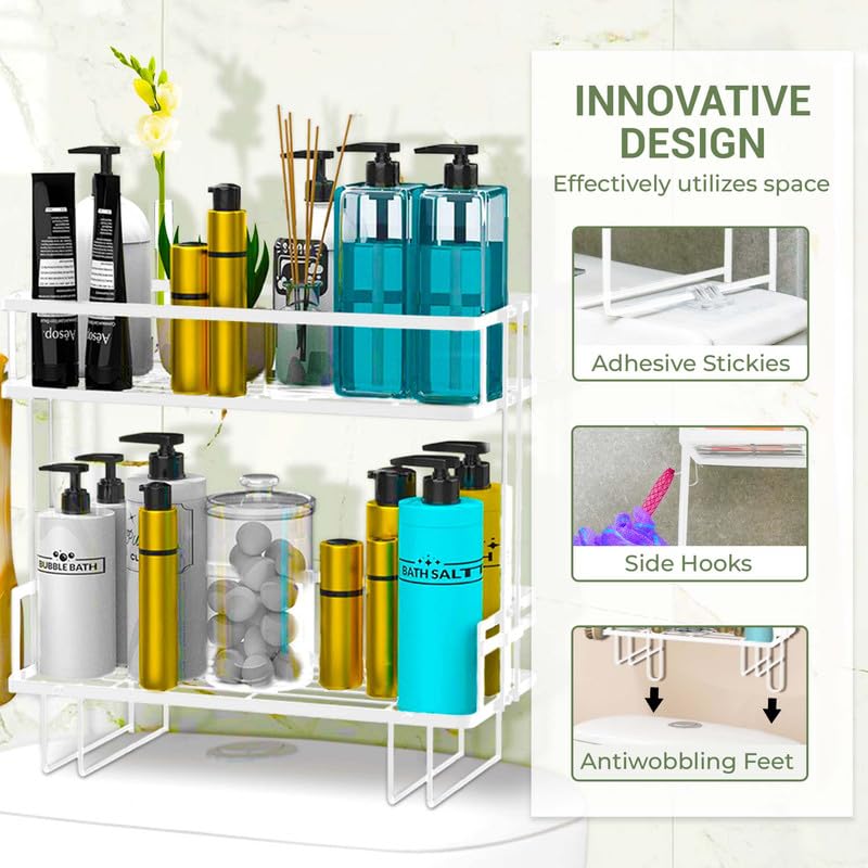 DINEST 2 Tier Over The Toilet Storage Shelf, Anti Resistant Bathroom Shelf Over Toilet Organizer, Multifunctional No Drilling Above Toilet Storage with Wall Mounting Design(White) - color: White