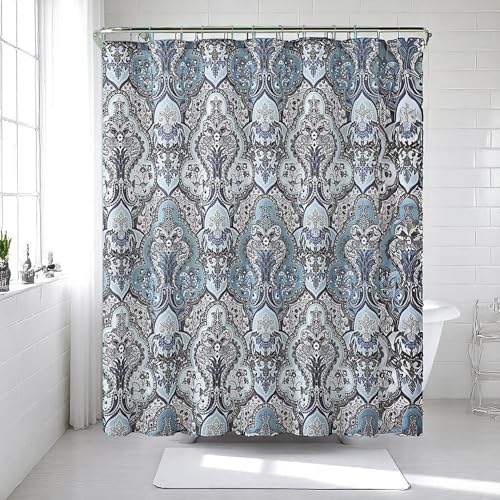 Decorative Blue & Silver Grey Gray Boho Fabric Shower Curtain, Modern Farmhouse for Vintage Rustic Bathroom Decor, Floral Victorian, 72 x 72 - color: Grey, Blue, Silver, Gray, Aqua