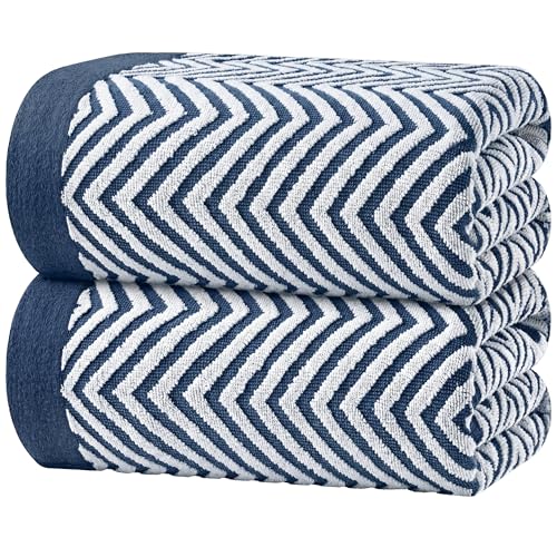 White Classic Cotton Beach Towels Oversized 35 x 70 Inches, Ultra Absorbent and Low Lint Luxury Pool Towels, Chevron Design, Navy Blue, 2 Pack - color: Chevron Navy Blue