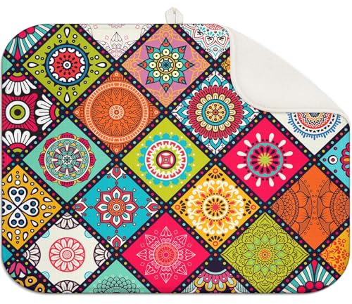 Plaid Floral Boho Counter Dish Drying Mat, 18x24, Reversible Draining Pad | Quick-dry microfiber absorbs water, non-slip base helps guard counters, foldable mat fits plates, utensils, cups and pans - color: BOHO 03, size: 24" x 18"