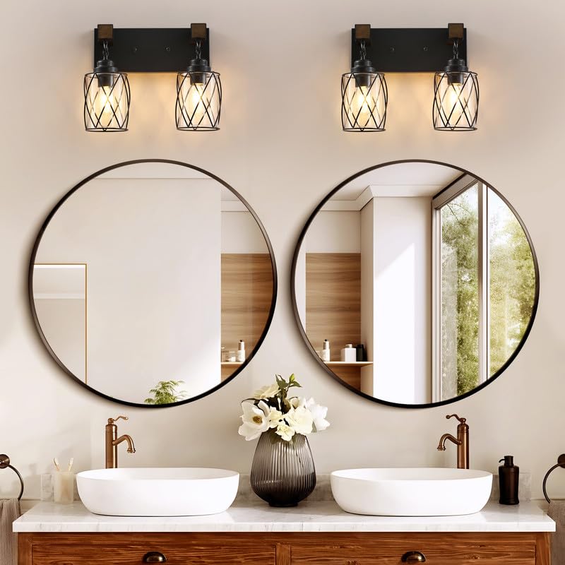 Bathroom Light Fixtures,Farmhouse Black Metal with Glass Shade | 2 Light Rustic Vanity Lights, Wood Accent Wire Cage Design, Mounts Over Mirror, Ideal for Bedroom & Hallway,Easy to Install - size: 2-Light