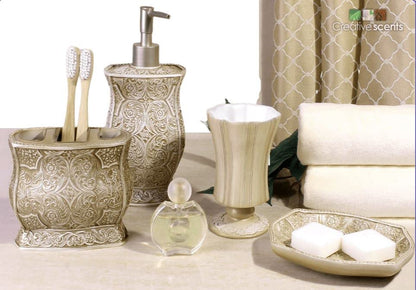 Creative Scents Victoria Beige 4 Piece Resin Bathroom Accessories Set | Includes Soap Dispenser, Toothbrush Holder, Tumbler Cup & Soap Dish - style: 4 Piece Set