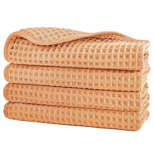 POLYTE 430 GSM Microfiber Lint Free Washcloth Face Towel, 13 x 13 in, 4 Pack (Waffle Weave) - color: Orange