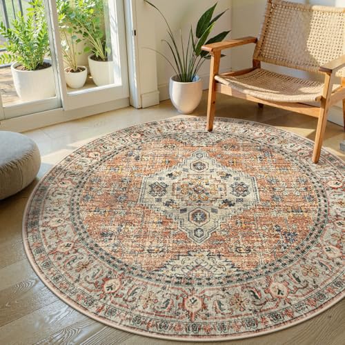 Lahome Oriental Washable Round Area Rug, Non-Slip Round Rugs 6ft Ultra-Thin, Soft Large Throw Circle Carpet for Living Room Bedroom Kitchen Nursery Eleanor, Peach/Orange - color: Terracotta, size: 6'(Round)