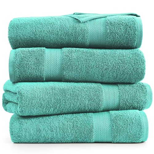 LANE LINEN Bathroom Towels Set (4 Pack)- 100% Cotton Luxury Bath Towels for Bathroom, Soft Shower Towels, Quick Dry Turkish Bath Towels, Super Absorbent Hotel Quality Bath Towel Set (28"x 54")- Teal | Set Of Towels - Dobby Border Accent, OEKO-TEX Certifie