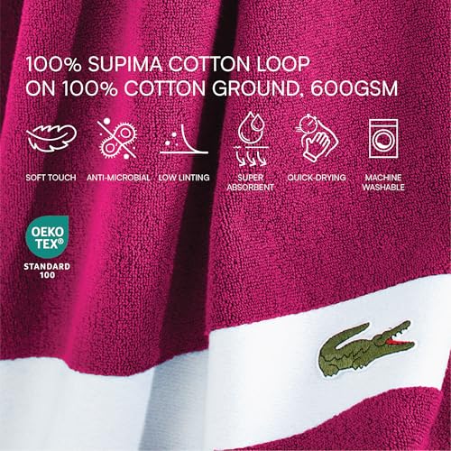Lacoste Sport Stripe 6-Piece Luxury Cotton Towel Set – Made with 100% Soft Supima Cotton, Absorbent & Quick-Drying, Includes 2 Bath Towels, 2 Hand Towels, 2 Washcloths, Magenta - color: Magenta