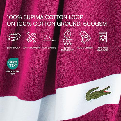 Lacoste Sport Stripe 6-Piece Luxury Cotton Towel Set – Made with 100% Soft Supima Cotton, Absorbent & Quick-Drying, Includes 2 Bath Towels, 2 Hand Towels, 2 Washcloths, Magenta - color: Magenta
