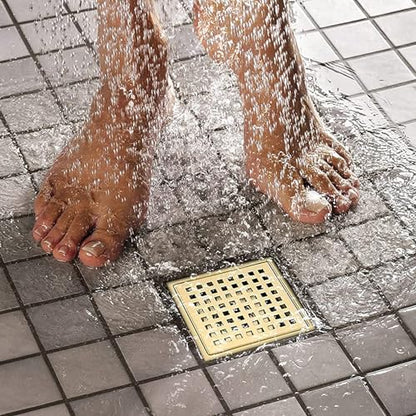 6 Inch Square Shower Floor Drain with Removable Cover Grid Grate,SUS304 Stainless Steel Brushed Gold Brass Finished,98738BG6. - color: Brushed Gold
