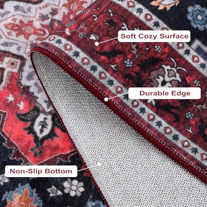 Ciicool Boho Washable 2x6 Runner Rugs,Hallway Kitchen Bedroom Beside Laundry Room Bathroom Rug, Pet & Kids Friendly, Non Slip Low Pile Stain Resistant Soft Foldable Floor Carpet - color: Dark Blue/Red, size: 2' X 6' (Runner)