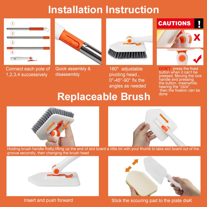 Long Handled Scrub Brush for Shower，3-in-1 Cleaning Brushes with 3 Different Function Cleaning Heads Brush for Shower Cleaning Bathroom Kitchen Walls Tub Tile - color: Orange