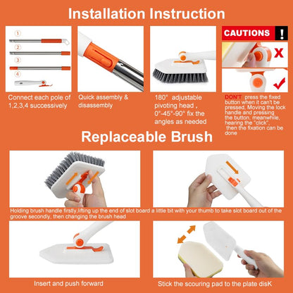Long Handled Scrub Brush for Shower，3-in-1 Cleaning Brushes with 3 Different Function Cleaning Heads Brush for Shower Cleaning Bathroom Kitchen Walls Tub Tile - color: Orange