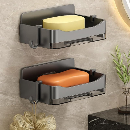 Black Wall Mounted Soap Dish for Shower No Punching Soap Box with Drain Tray and 2 Hooks Bathroom Soap Rack with Hook Double Drain Soap Dish