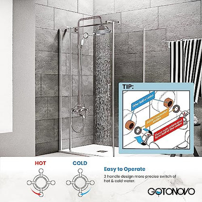 gotonovo Exposed Shower System with Spout,Brushed Nickel,No Shower Shelf | Brass Shower Faucet Set,8’’ Rain Head with Handheld Spray,Swivel Tub Spout,2 Cross Handle,6’’ Hole Distance,Adjustable Height - color: Nickel