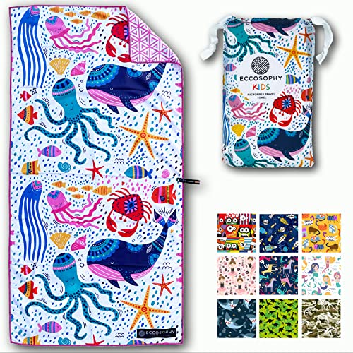 Microfiber Kids Toddler Beach Towel, Quick Dry, Sand Free, 60x30 | Pool towel, ultra-soft, girls and boys, travel pouch, camping travel vacation, toallas playas - color: Under the Sea