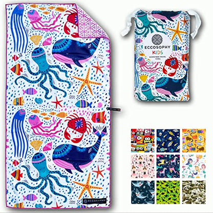 Microfiber Kids Toddler Beach Towel, Quick Dry, Sand Free, 60x30 | Pool towel, ultra-soft, girls and boys, travel pouch, camping travel vacation, toallas playas - color: Under the Sea