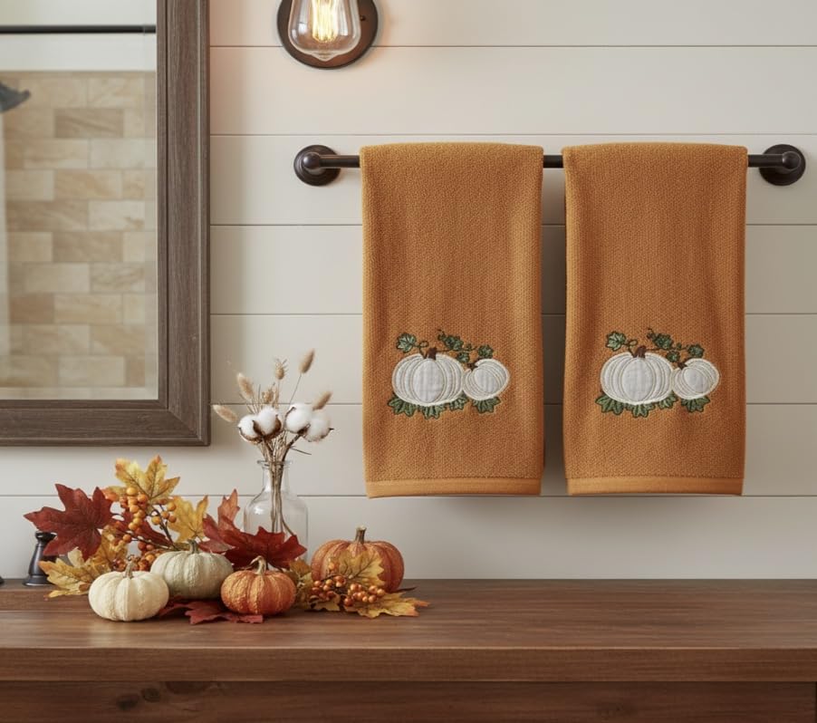 Serafina Home Harvest Fall Bathroom Guest Hand Embroidered Towels 2 Pc Set: Pumpkin Leaf Appliqué Design Bath Plush Rust Orange Towels, 100% Cotton, 16" x 25" Inches, Oeko-TEX Certified - color: Rust Pumpkins