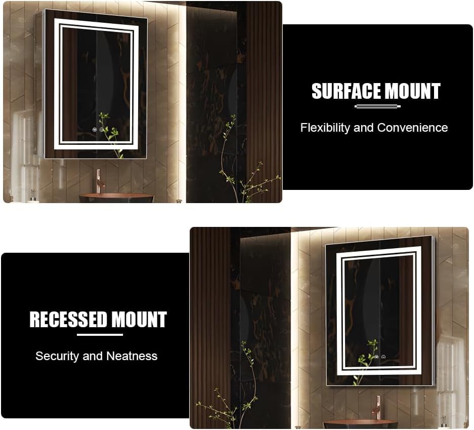 High-End Led Medicine Cabinet,Lighted Medicine Cabinet,3 Colors&Dimmable,Demister,Lighted Glass Shelf,USB Shaver Socket.Surface Mount or Recess Mount,20×28inch - size: 20×28inch