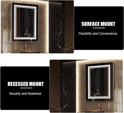 High-End Led Medicine Cabinet,Lighted Medicine Cabinet,3 Colors&Dimmable,Demister,Lighted Glass Shelf,USB Shaver Socket.Surface Mount or Recess Mount,20×28inch - size: 20×28inch