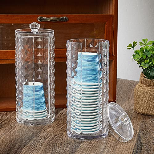 Skylety 2 Pcs Bathroom Cup Dispenser with Lid Acrylic Bathroom Cup Holder Makeup Cotton Pad Holder Organizer for 3-4oz Disposable Paper Mug Clear Diamond Pattern Cotton Rounds Container