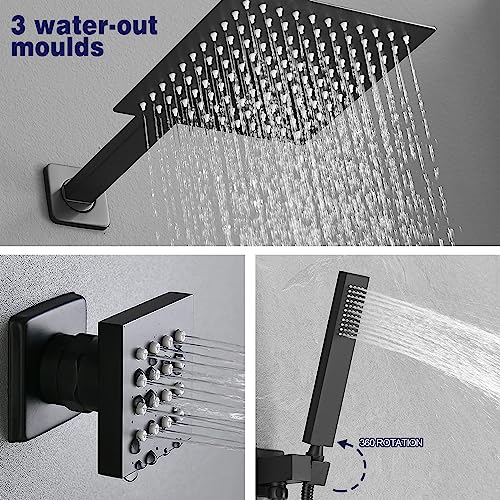 Matte Black Shower Faucet Set with Body Jets 10 Inch Matte Black Shower Head Handheld Shower Combo Set High Pressure Wall Mount with Rough-in Valve - color: Matte Black, style: 10"- 3 Function
