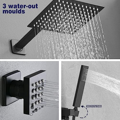 Matte Black Shower Faucet Set with Body Jets 10 Inch Matte Black Shower Head Handheld Shower Combo Set High Pressure Wall Mount with Rough-in Valve - color: Matte Black, style: 10"- 3 Function