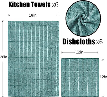 Puomue Microfiber Kitchen Towels and Dishcloths Set, 26 X 18 Inch and 12 X 12 Inch, Set of 12 Bulk Lint Free Dish Towels for Drying Dishes, Lake Blue - color: Lake Blue