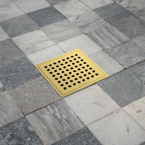 Square Shower Drain w/PVC Bonding Flange Base, 4" Gold | 304 Stainless Steel Drain w/ Drain Key for Low Profile Shower Tiles, CUPC Certified - color: Polished Gold4"