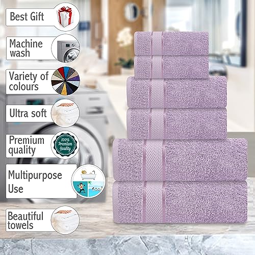 6 Piece 100% Cotton Bath Towel Set - 2 Bath - 2 Hand - 2 Face, Lavender | 100% Cotton • Thick & Plush • Hotel Quality • Ultra Soft • Highly Absorbent • Quick Dry • Low Lint • Machine Washable - color: Lavender