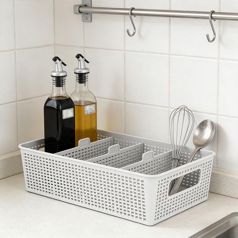 3 Compartment Stackable Bin with Adjustable Dividers, Stackable Storage Bin & Compartment Tray for Kitchen, Bathroom Vanity, Office Desk Supplies, and Bedroom Accessories (White)