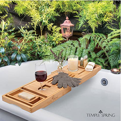 Bamboo Bathtub Tray Caddy for Tub — Expandable Wood Bath Tray with Solid Book Stand Wine Holder and Non-Slip Pads — Includes Bamboo Soap Dish and Spa Accessories — Luxury Bath Gift Set - color: Natural