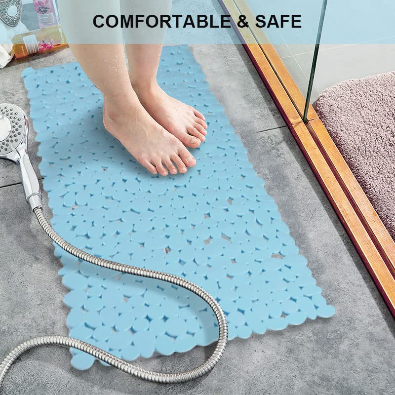 SONGZIMING Bathtub Mat Non Slip Pebble Bath Shower Mat with Drain Holes, Suction Cups Mat for Tub 16" W x 35" L, Blue - color: Blue
