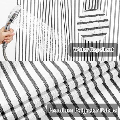 ASPMIZ Farmhouse Striped Shower Curtain and Liner Set No Hook, Black 71x74 | No Hook Shower Curtain with Snap in Liner Fabric, Rustic Washable Waterproof Bathroom Curtains with Button, Mesh Top Window - color: Black Striped, size: 71"W x 74"L (Pack of 1),